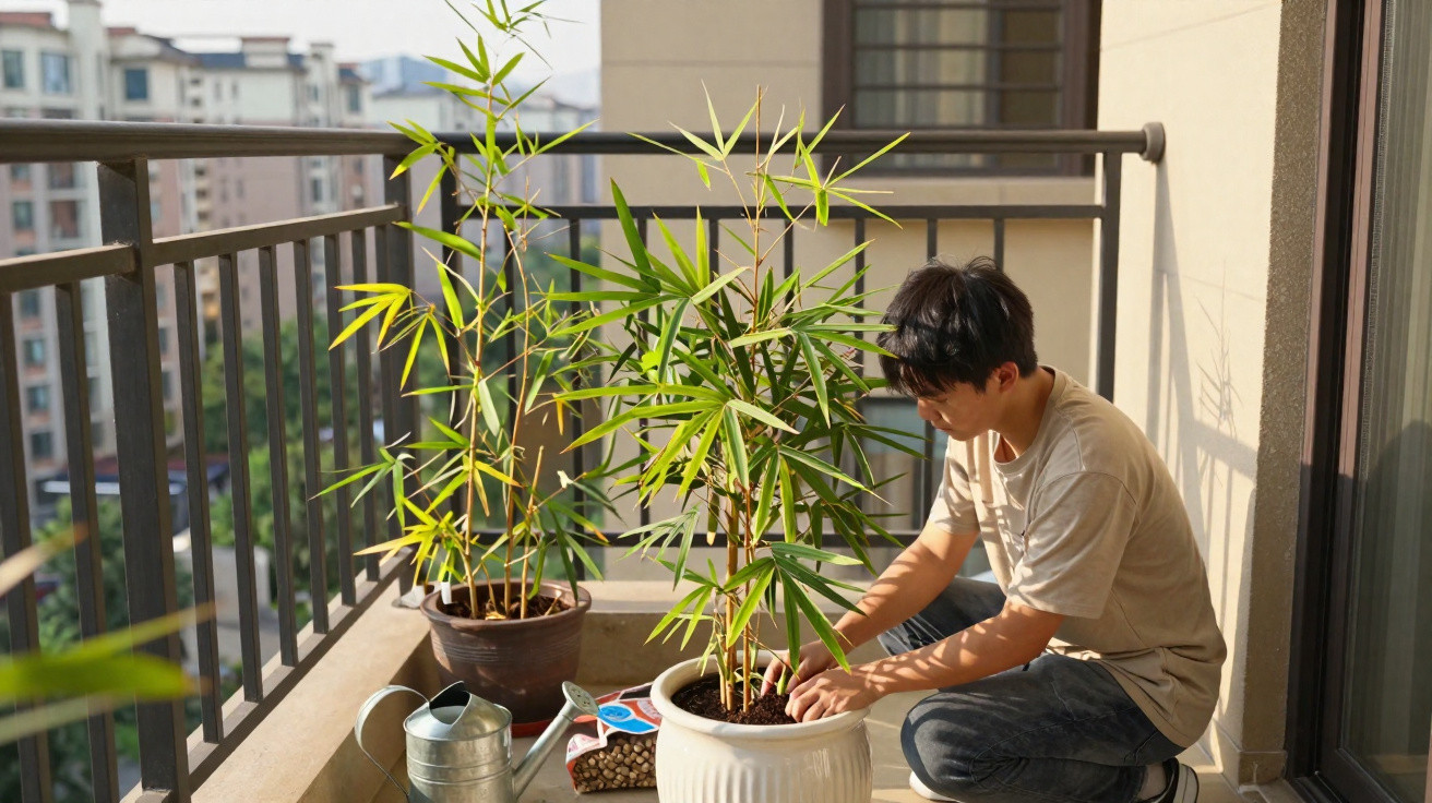 Jovem cuidando de plantas em vaso no varandão de apartamento em dia ensolarado.