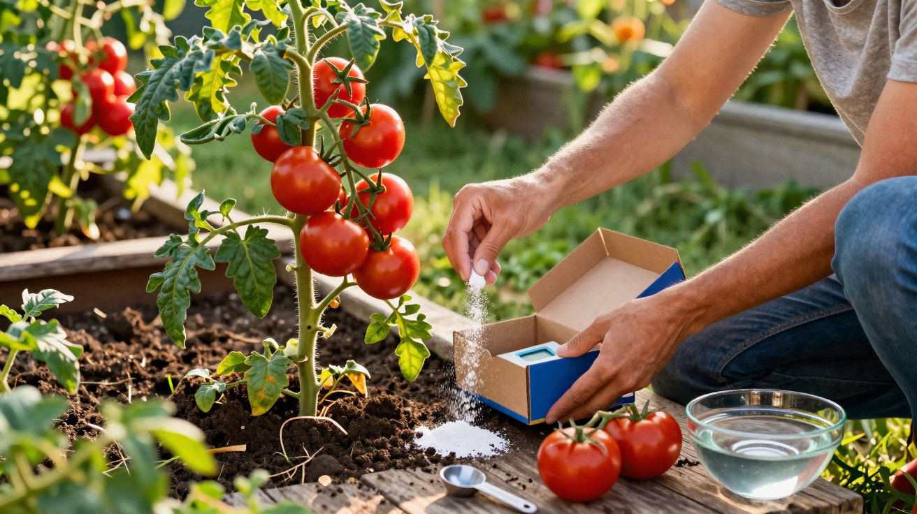 Pessoa aplicando fertilizante em planta de tomate com frutos maduros em horta caseira.