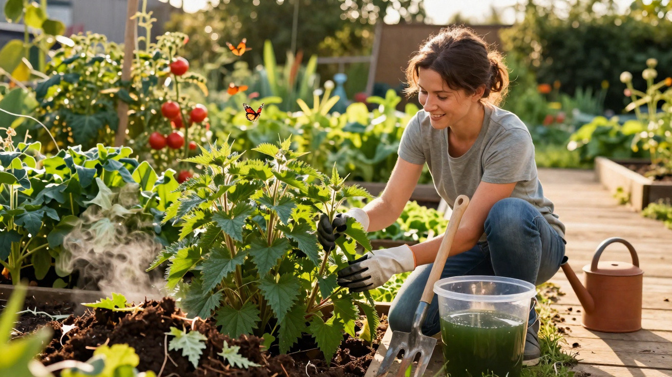 Mulher cuidando de plantas em horta urbana com borboletas, regador e ferramentas de jardinagem.