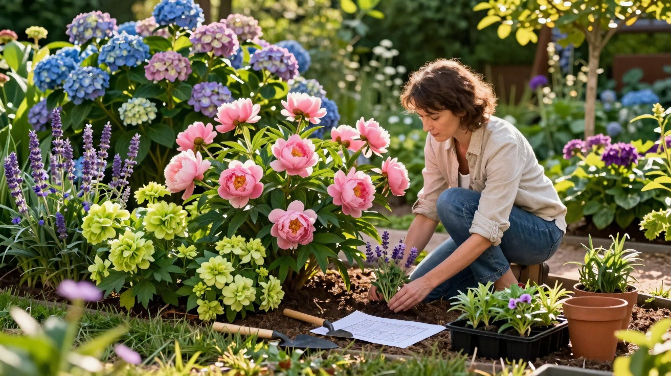 Mulher cuidando de plantas em jardim florido com flores rosas, azuis e lilases em dia ensolarado.