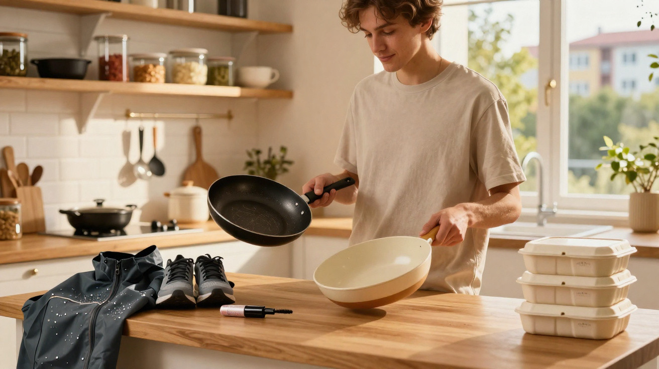 Jovem na cozinha segurando duas panelas, com tênis, jaqueta e marmitas sobre a bancada de madeira.