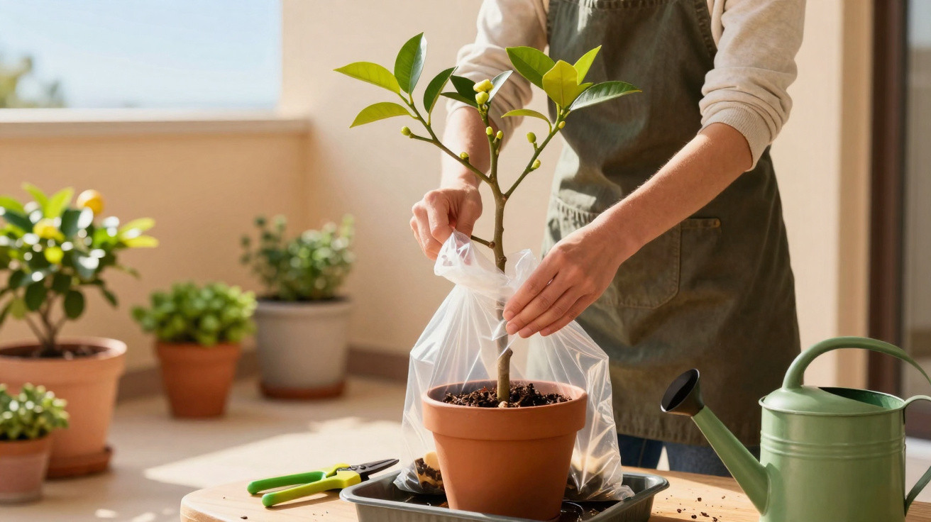Pessoa protegendo planta jovem com saco plástico em vaso de terracota sobre mesa iluminada.