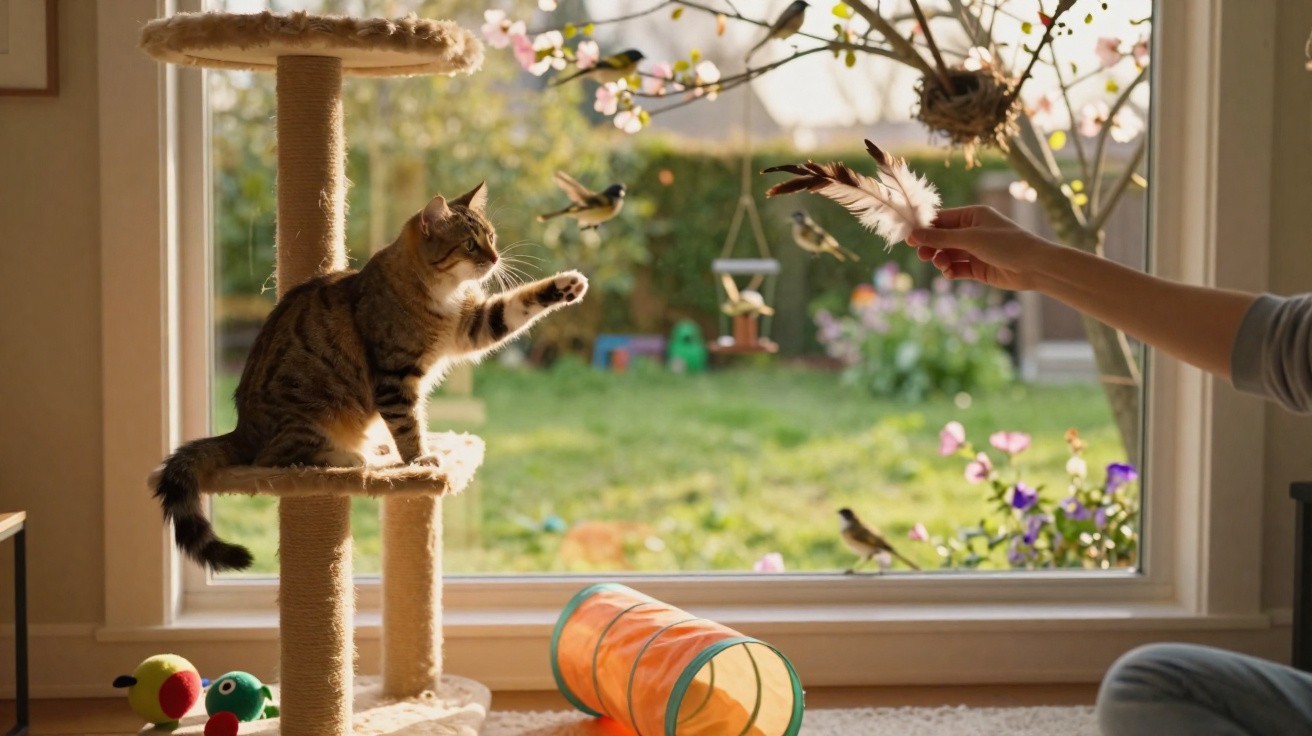 Gato em arranhador brinca com penas na mão de uma pessoa perto de janela com vista para jardim florido.