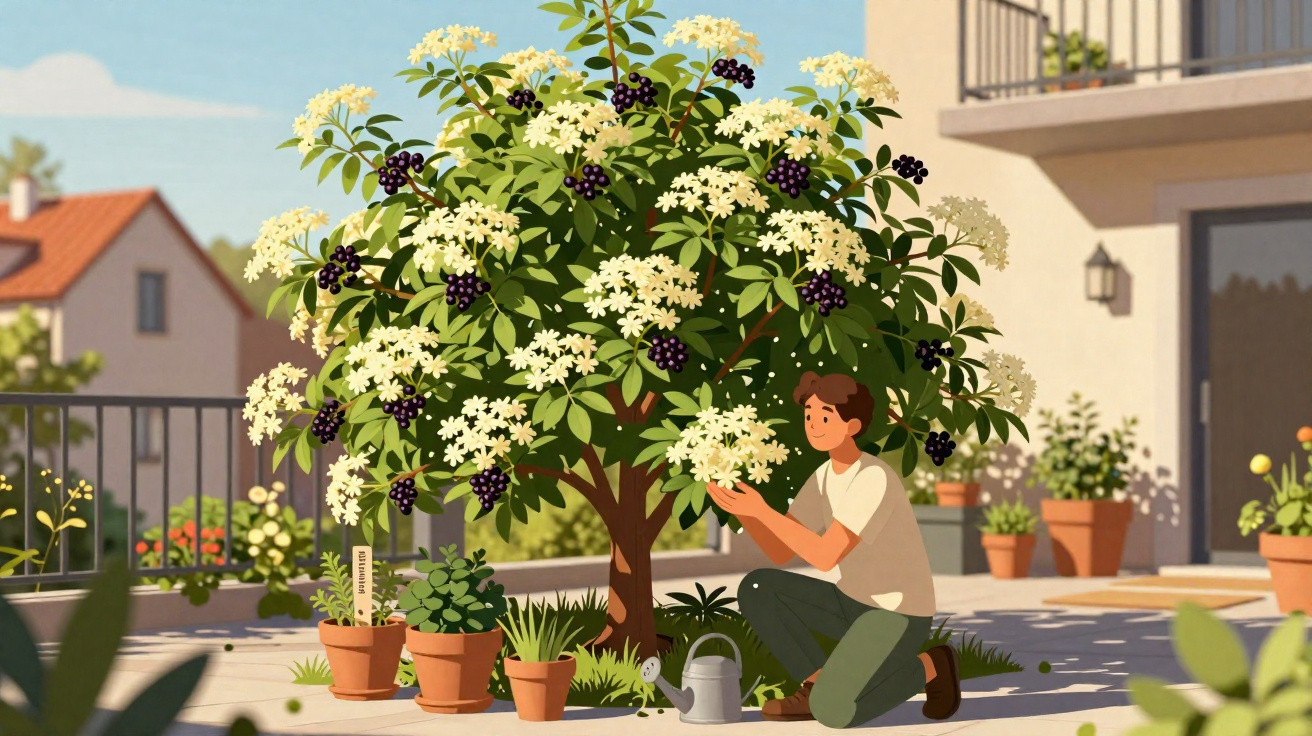 Pessoa cuidando de árvore florida com frutos em varanda com vasos de plantas ao redor.