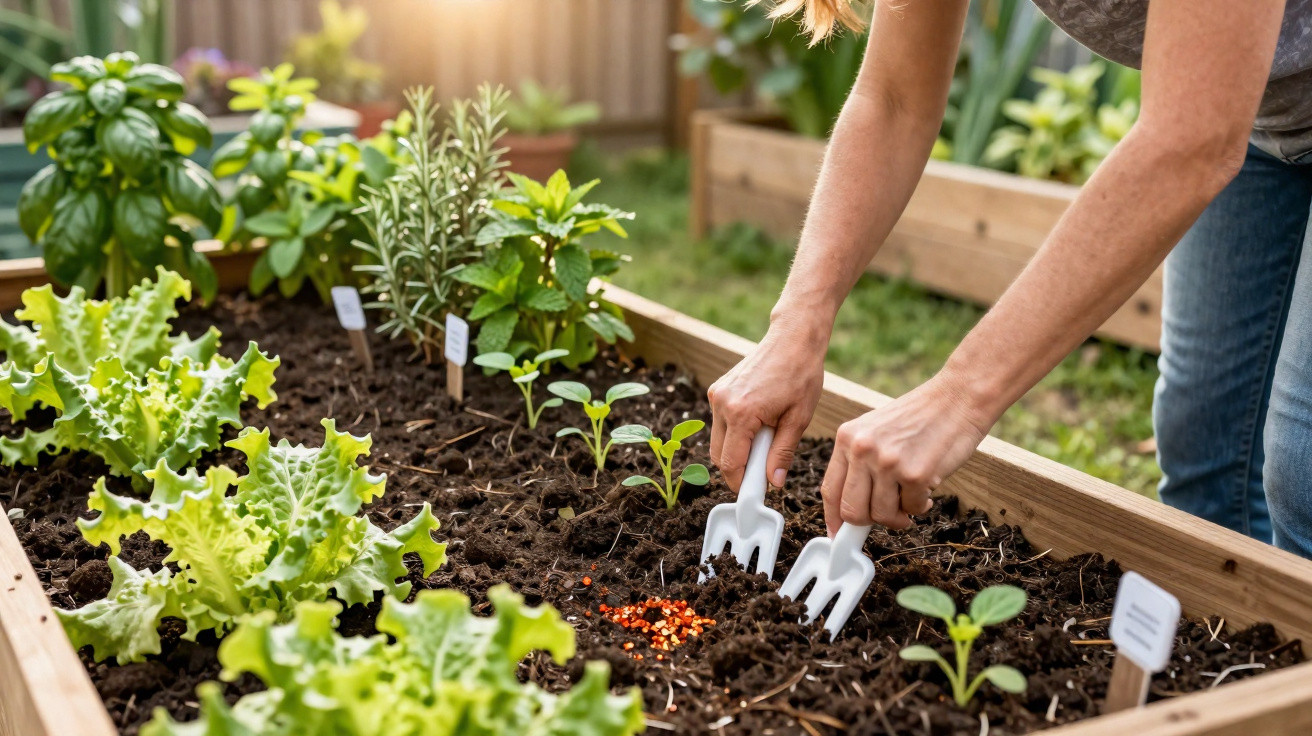 Pessoa cultivando plantas em canteiro de madeira com folhas verdes e sementes no solo.