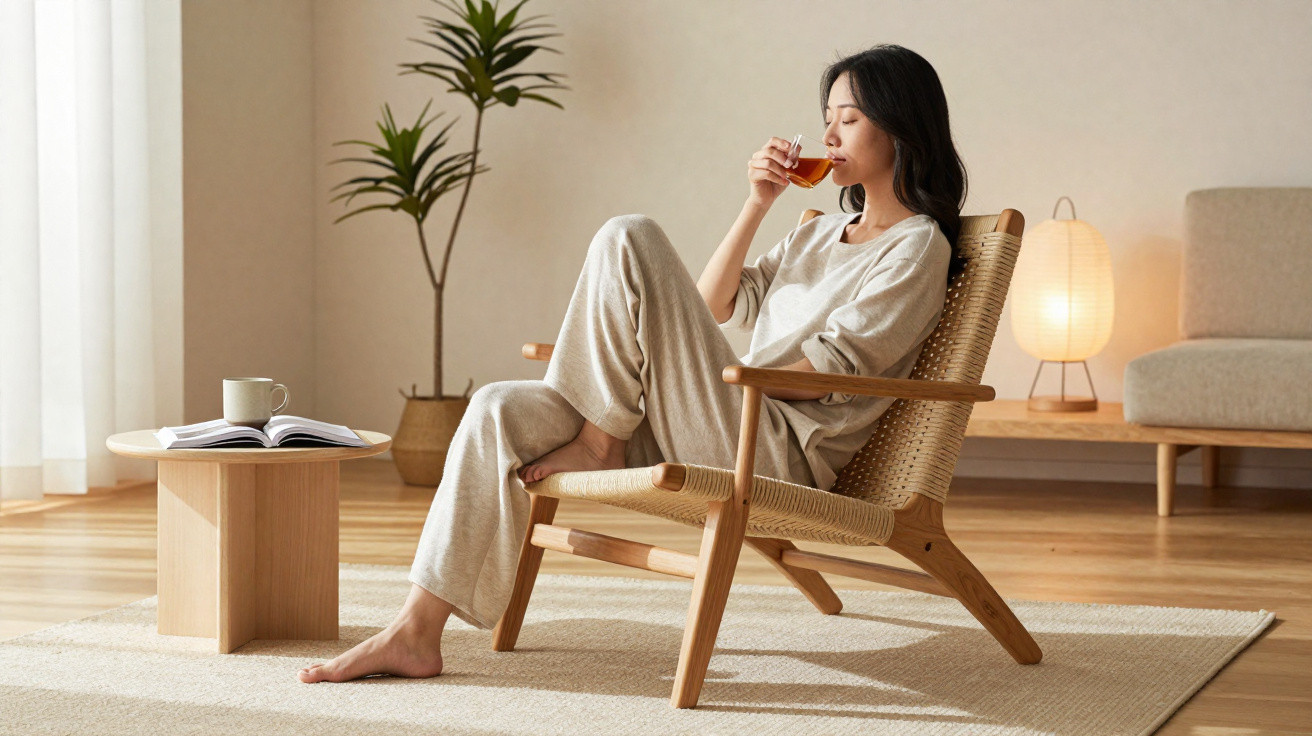 Mulher sentada em cadeira de madeira, relaxando e bebendo chá em sala com decoração minimalista.