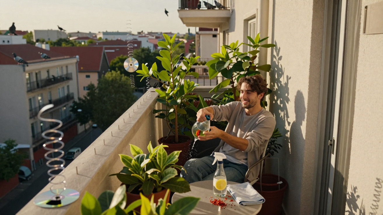 Homem regando plantas em varanda ao ar livre, rodeado de vasos verdes e iluminado pelo sol da tarde.