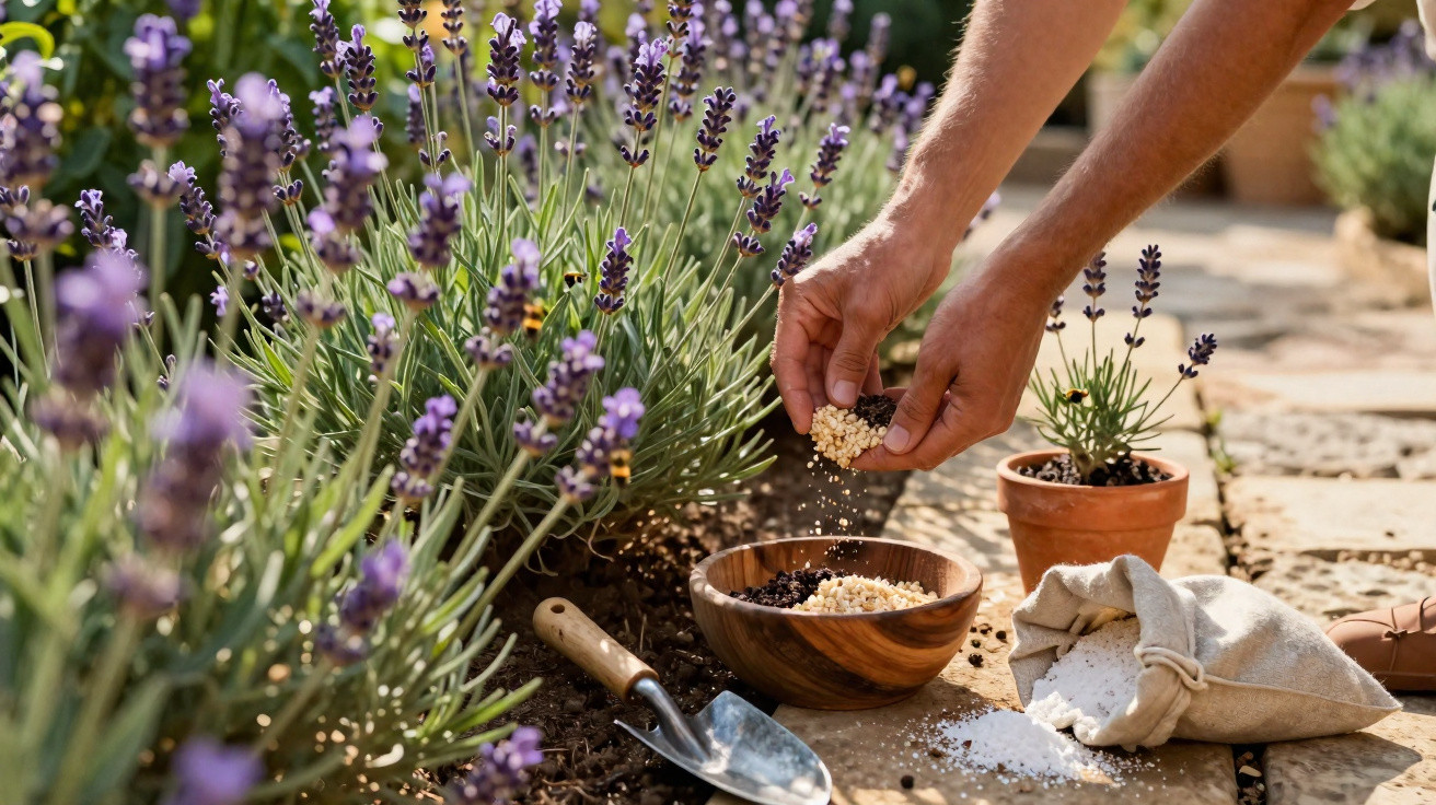 Mãos aplicando adubo em plantações de lavanda ao ar livre, com pá de jardinagem e vaso ao lado.