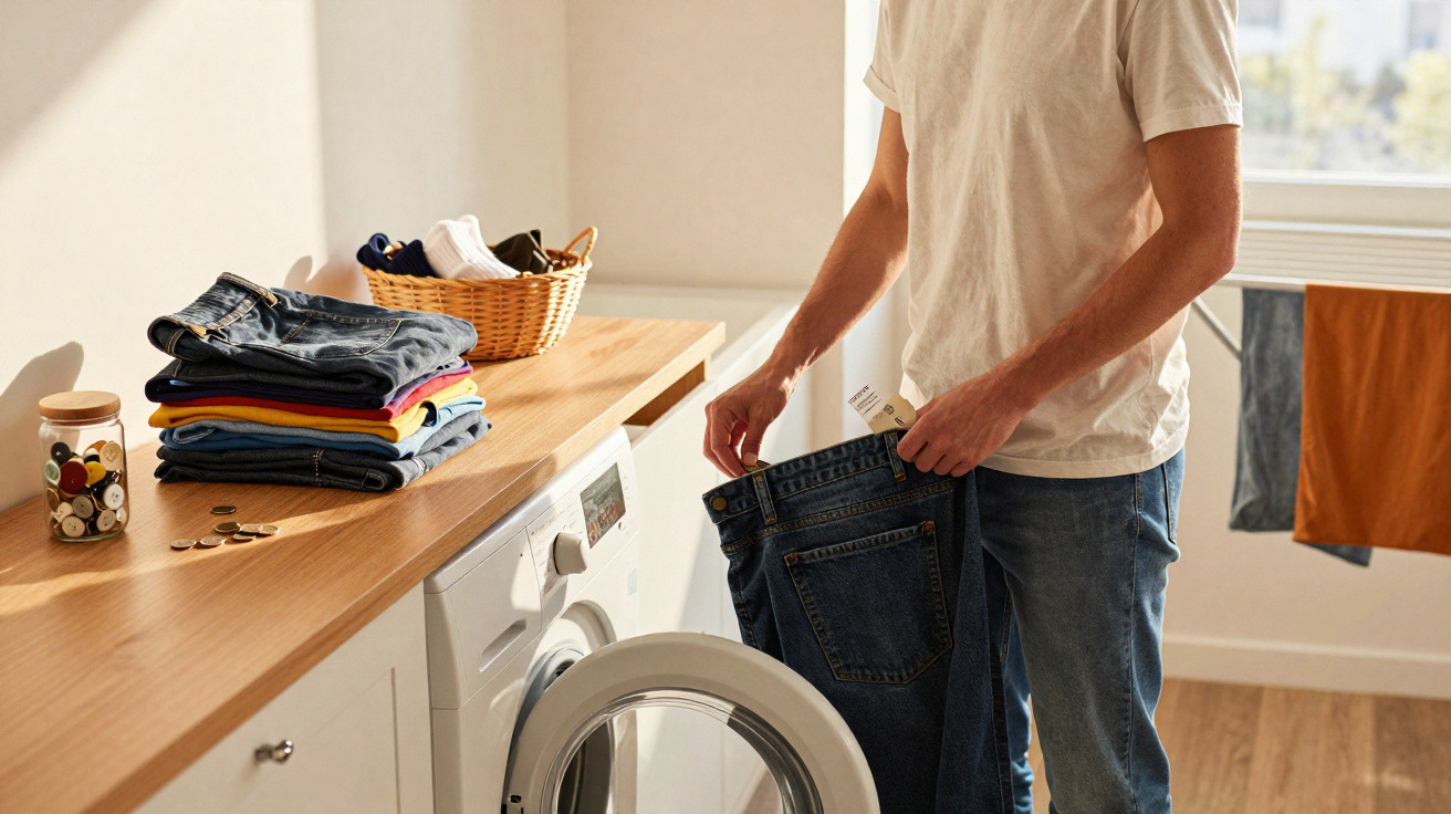 Pessoa segurando calça jeans na lavanderia com máquina de lavar e roupas organizadas na bancada.