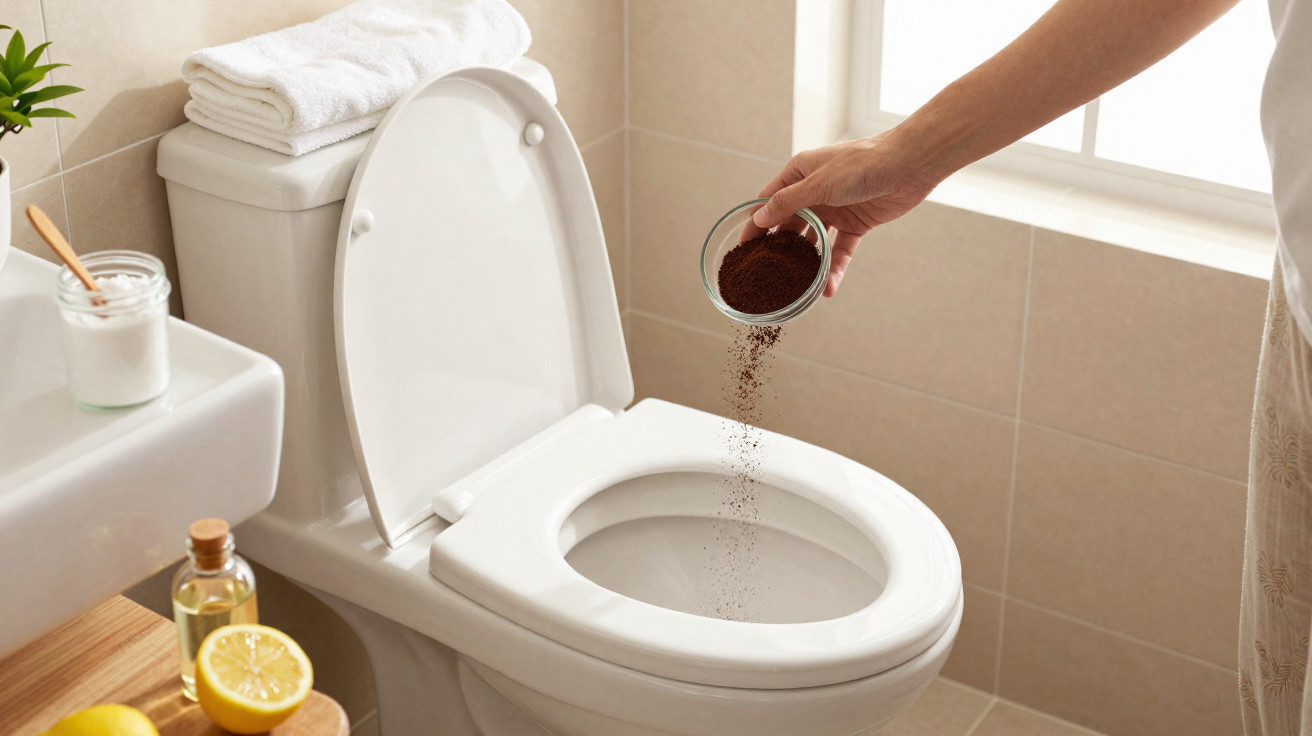 Pessoa despejando pó de café no vaso sanitário em banheiro claro e organizado.