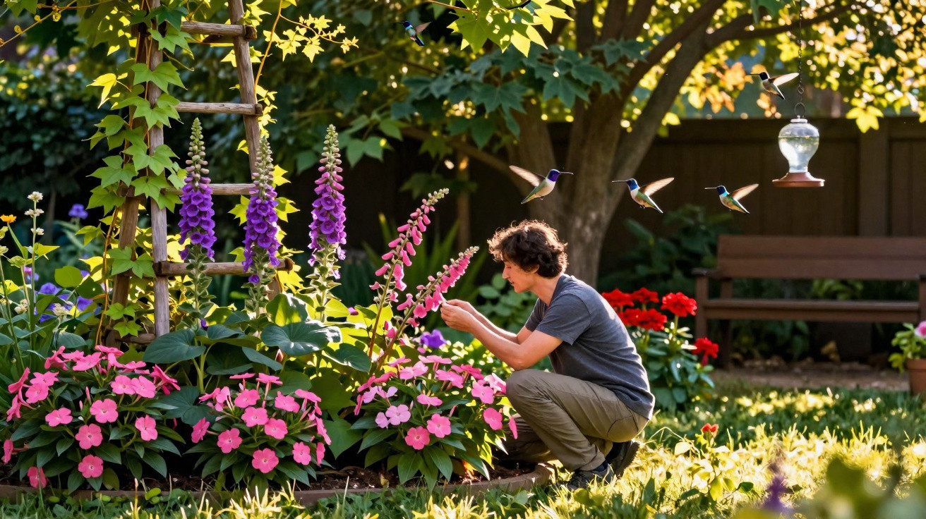 Jovem cuidando de flores em jardim com beija-flores voando perto de alimentador em ambiente ensolarado.