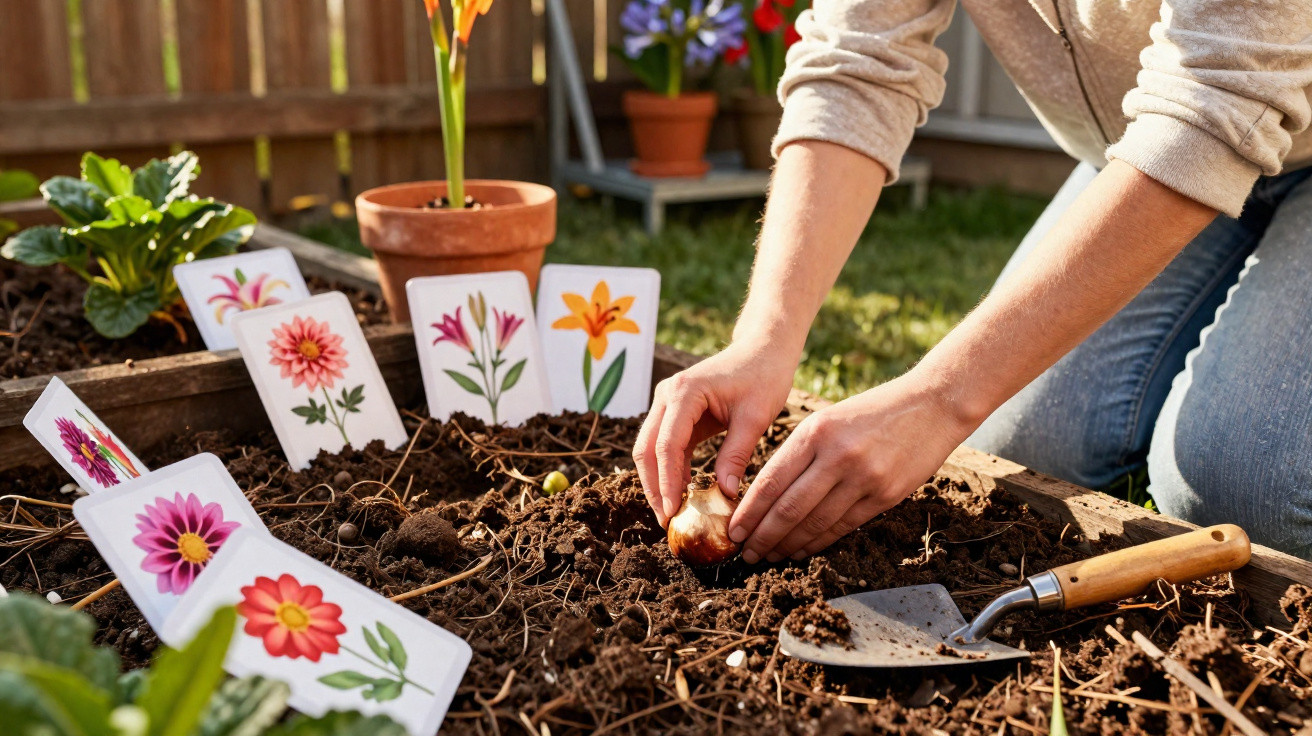 Pessoa plantando bulbo de flor em canteiro com imagens de flores e ferramentas de jardinagem.