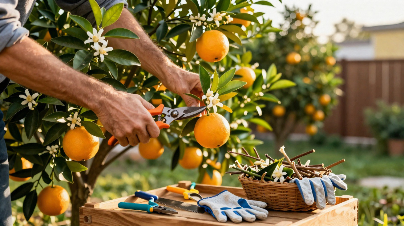 Pessoa colhendo laranja em árvore florida com ferramentas de jardinagem e luvas sobre mesa de madeira.
