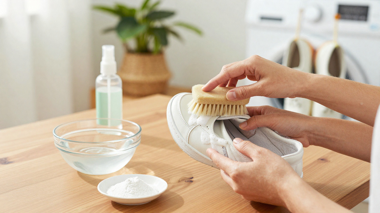 Mãos limpando tênis branco com escova, ao lado de uma tigela com água e um prato com pó branco.