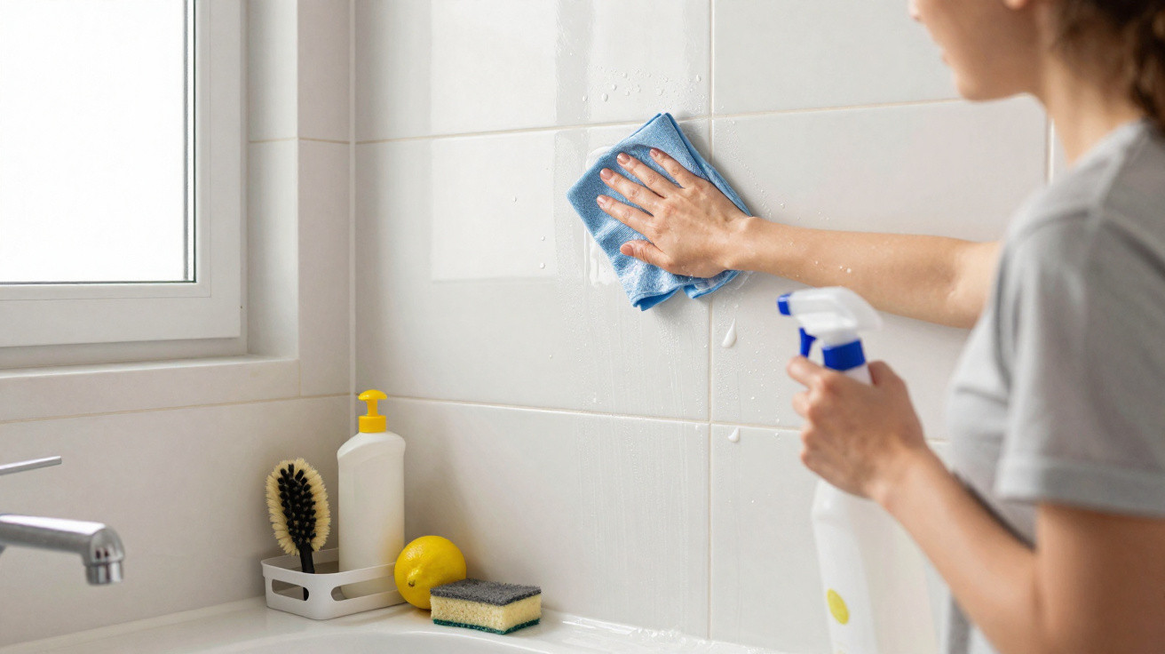 Pessoa limpando azulejos brancos do banheiro com pano azul e borrifador branco e azul.