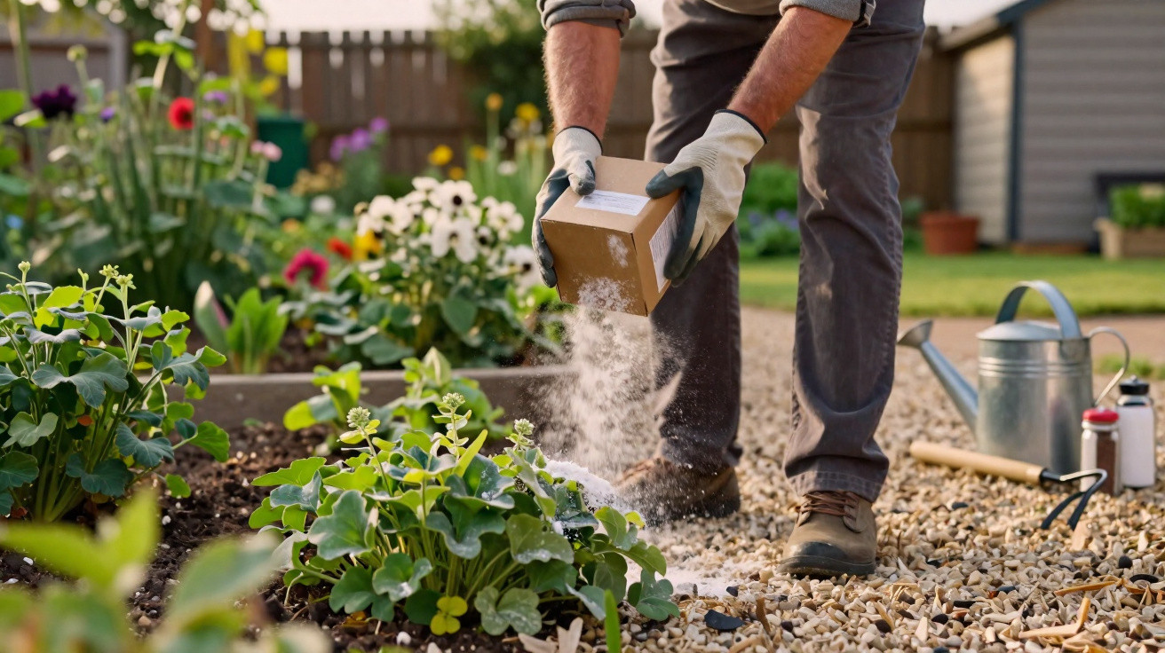 Pessoa aplicando fertilizante em pó em plantas de jardim com ferramentas ao fundo.