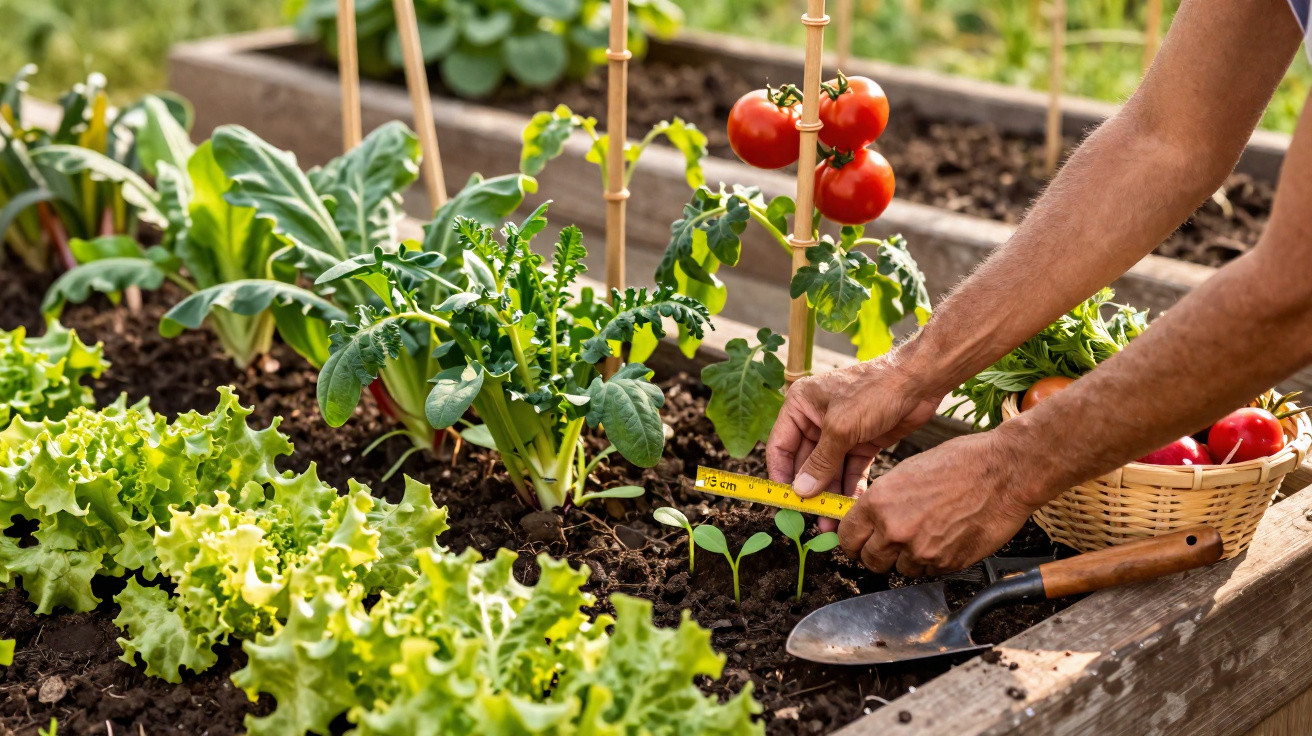 Pessoa medindo mudas em horta com vegetais, incluindo tomates e alface, em canteiro elevado de madeira.