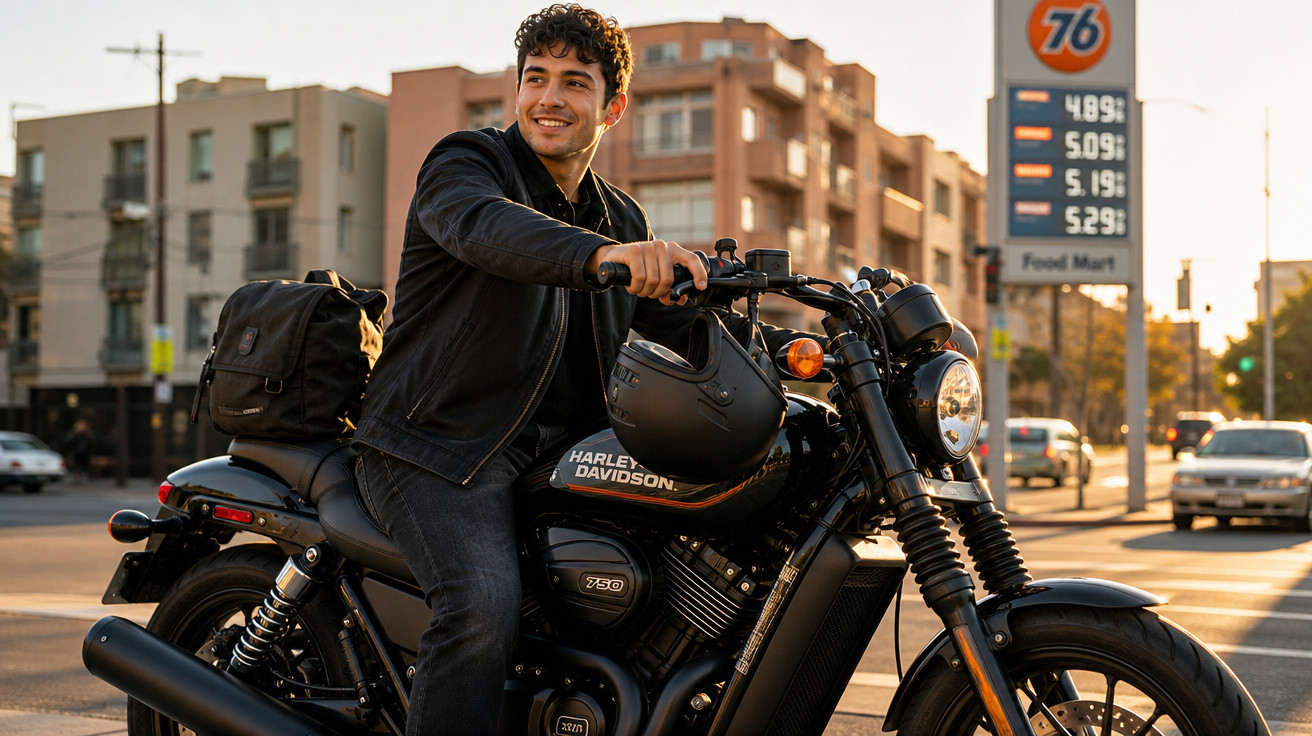 Homem sorridente com jaqueta preta sentado em motocicleta Harley Davidson em rua urbana ao entardecer.