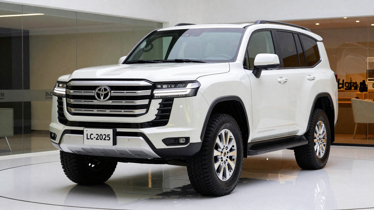 SUV Toyota Land Cruiser 2025 branco exposto em ambiente interno moderno e iluminado.