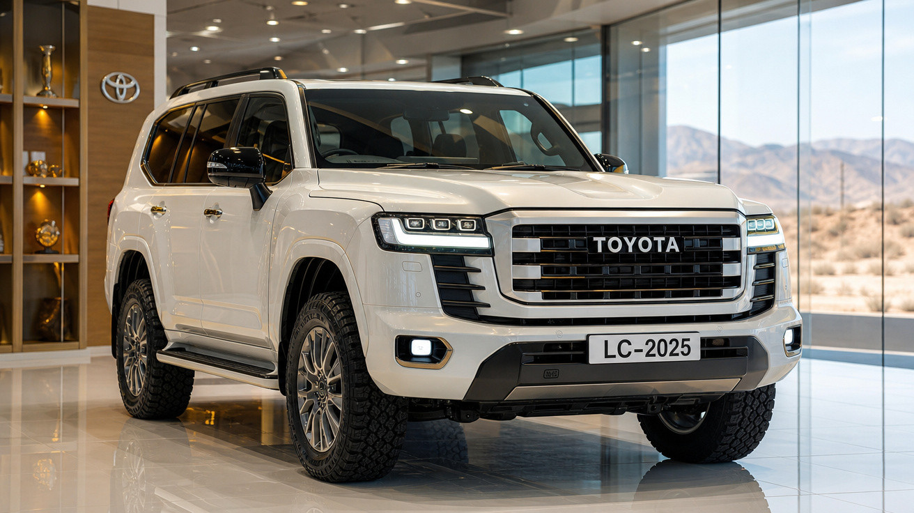 SUV branco Toyota Land Cruiser 2025 exibido em showroom moderno com piso brilhante e vitrine de vidro.
