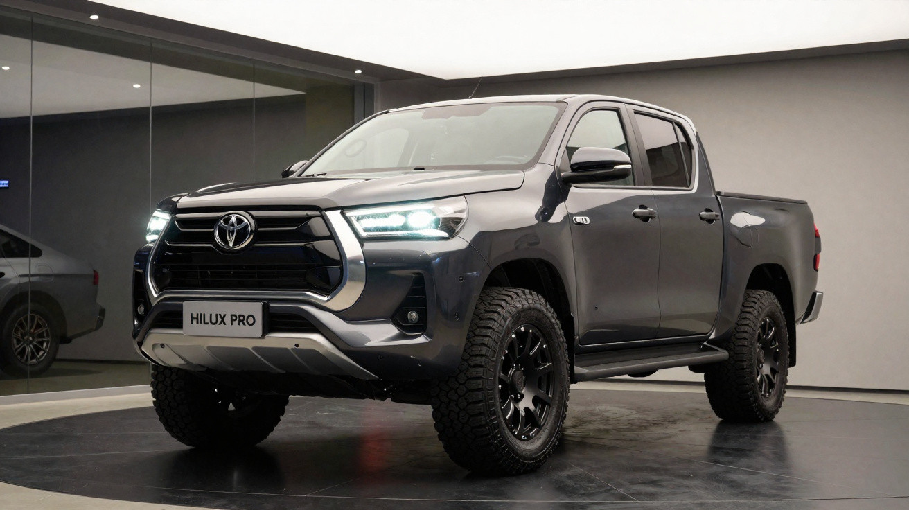Picape Toyota Hilux Pro cinza em exposição, com faróis acesos e pneus robustos.