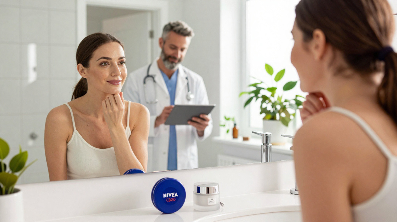 Mulher olhando no espelho com creme Nivea no balcão e médico usando jaleco ao fundo.