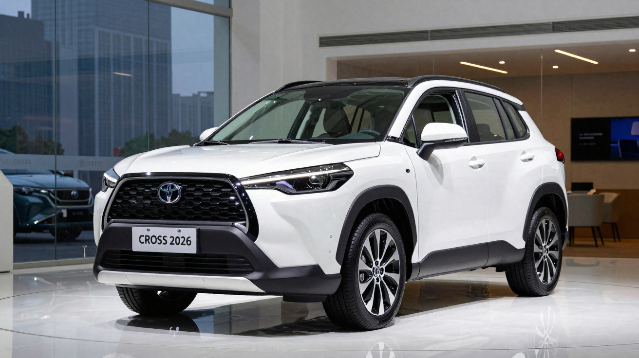 SUV Toyota Cross 2026 branco em exposição, visto em ângulo frontal direito, com detalhes em preto e rodas grandes.