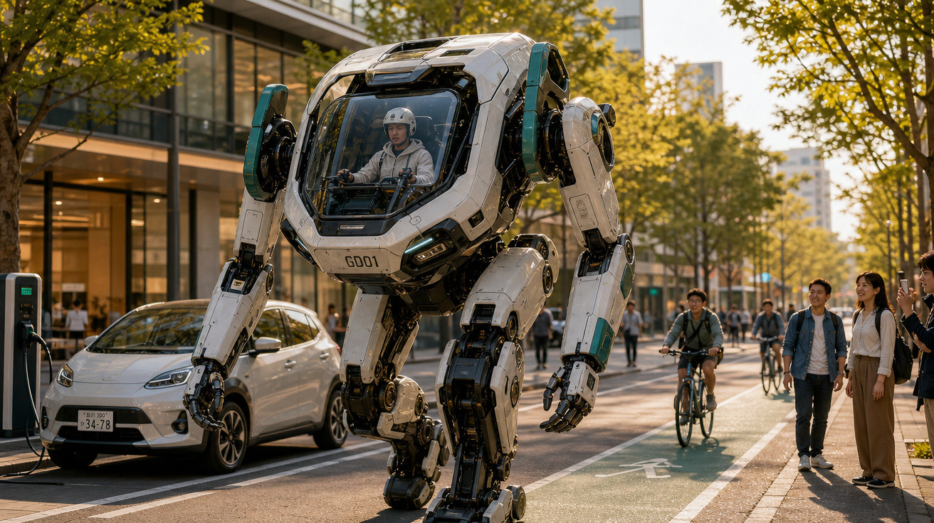 Homem pilotando exoesqueleto robótico gigante em rua urbana com pedestres e ciclistas ao redor.
