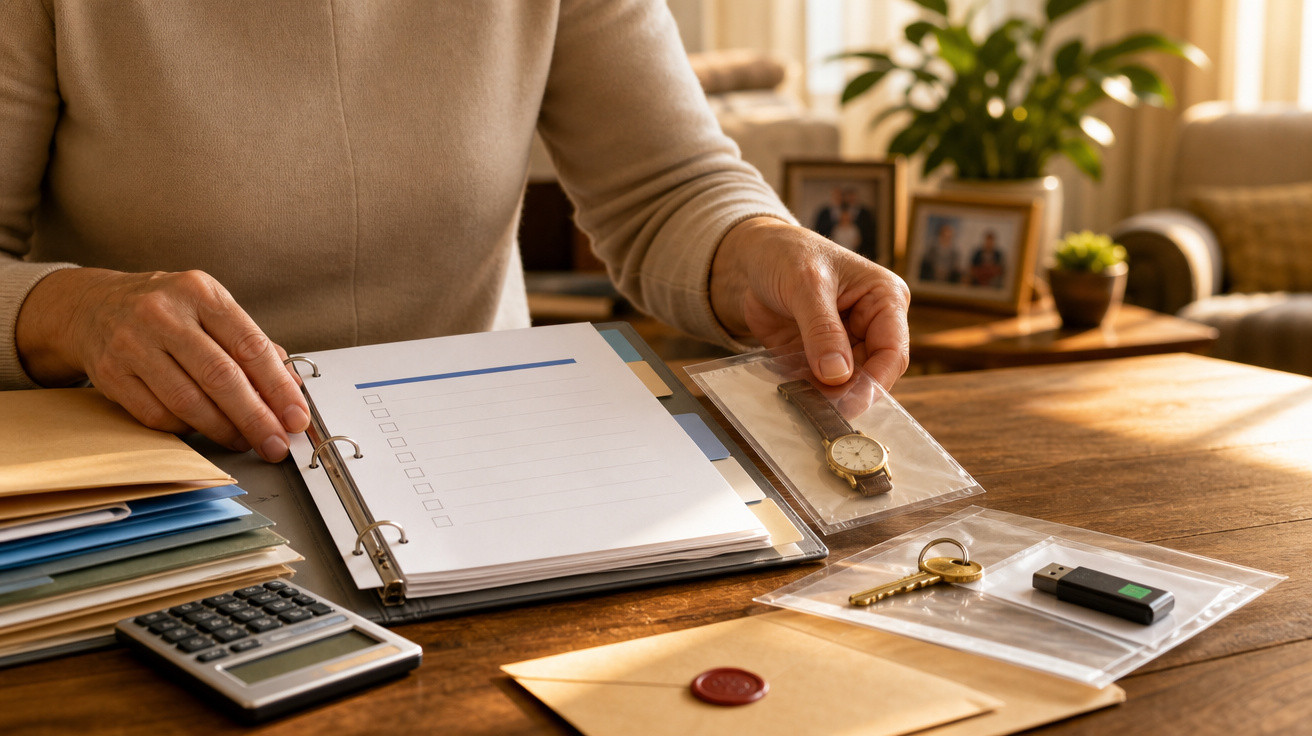 Pessoa organizando documentos e objetos pessoais como relógio, chave e pen drive em sacos plásticos transparentes sobre mesa.