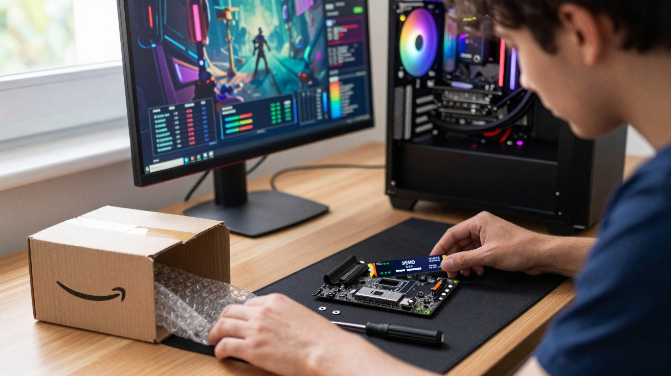 Pessoa montando um computador e segurando um módulo de memória RAM em frente a monitor com imagens de jogos.
