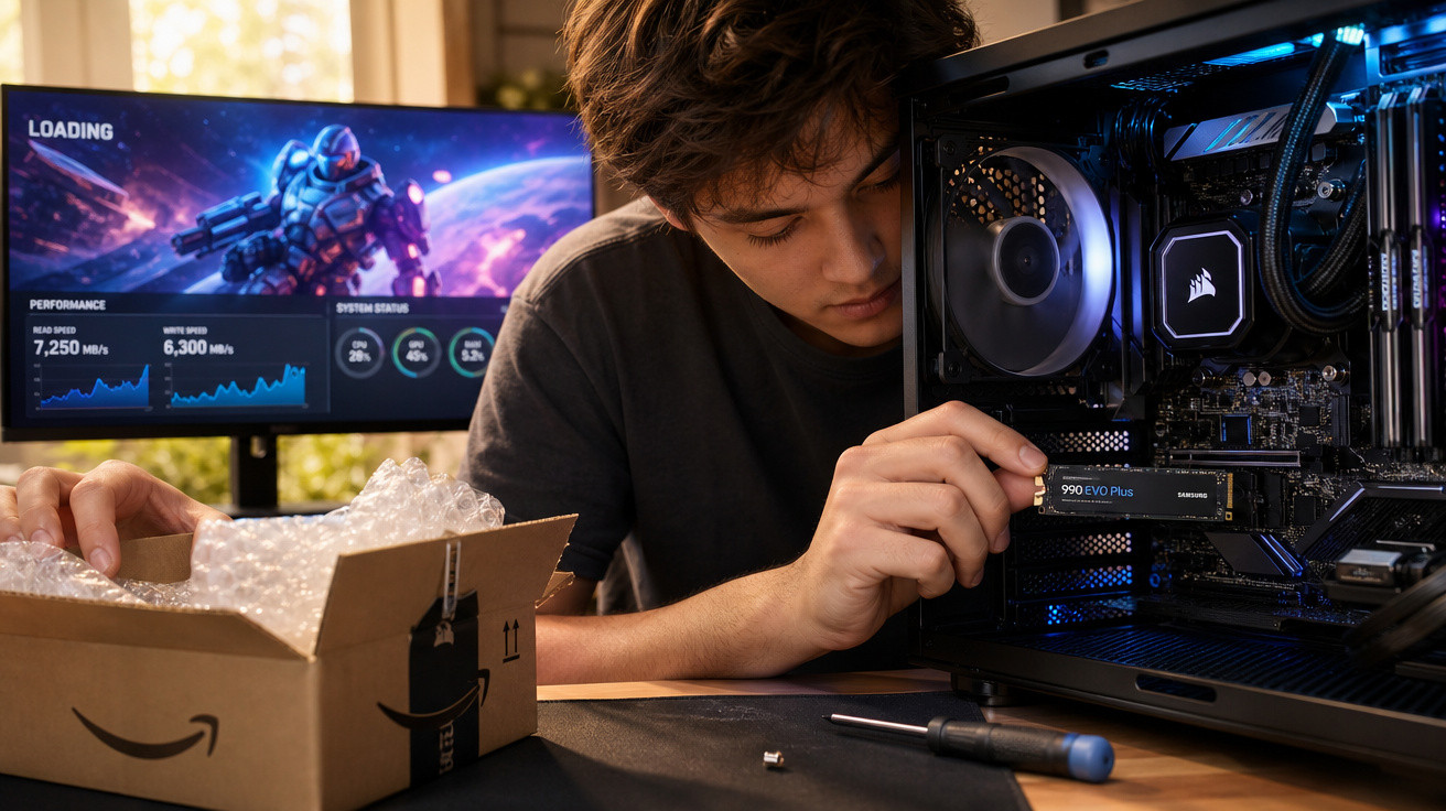 Jovem instala um SSD em computador desktop com jogo carregando na tela ao fundo.