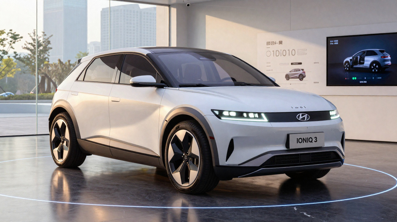 Carro elétrico Hyundai Ioniq 3 branco em exposição dentro de showroom moderno.