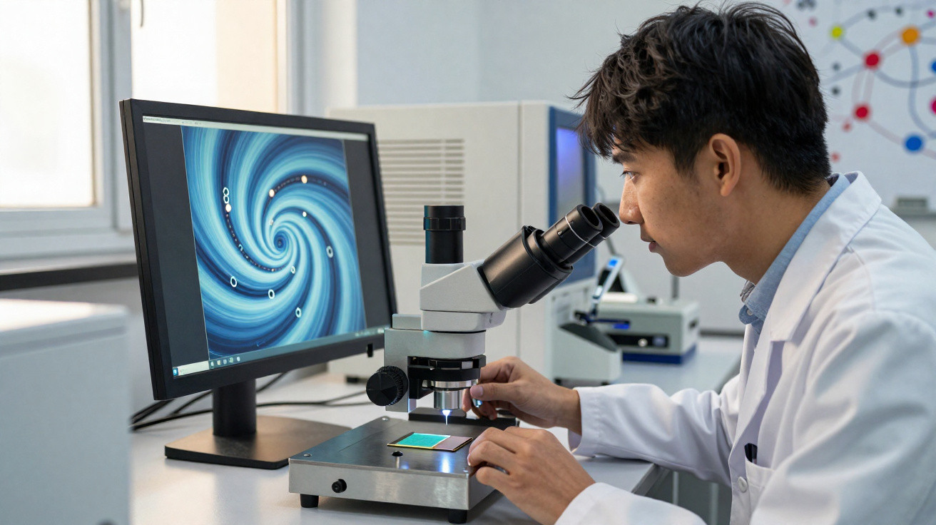 Cientista em laboratório usando microscópio conectado a computador que exibe imagem de redemoinho azul.