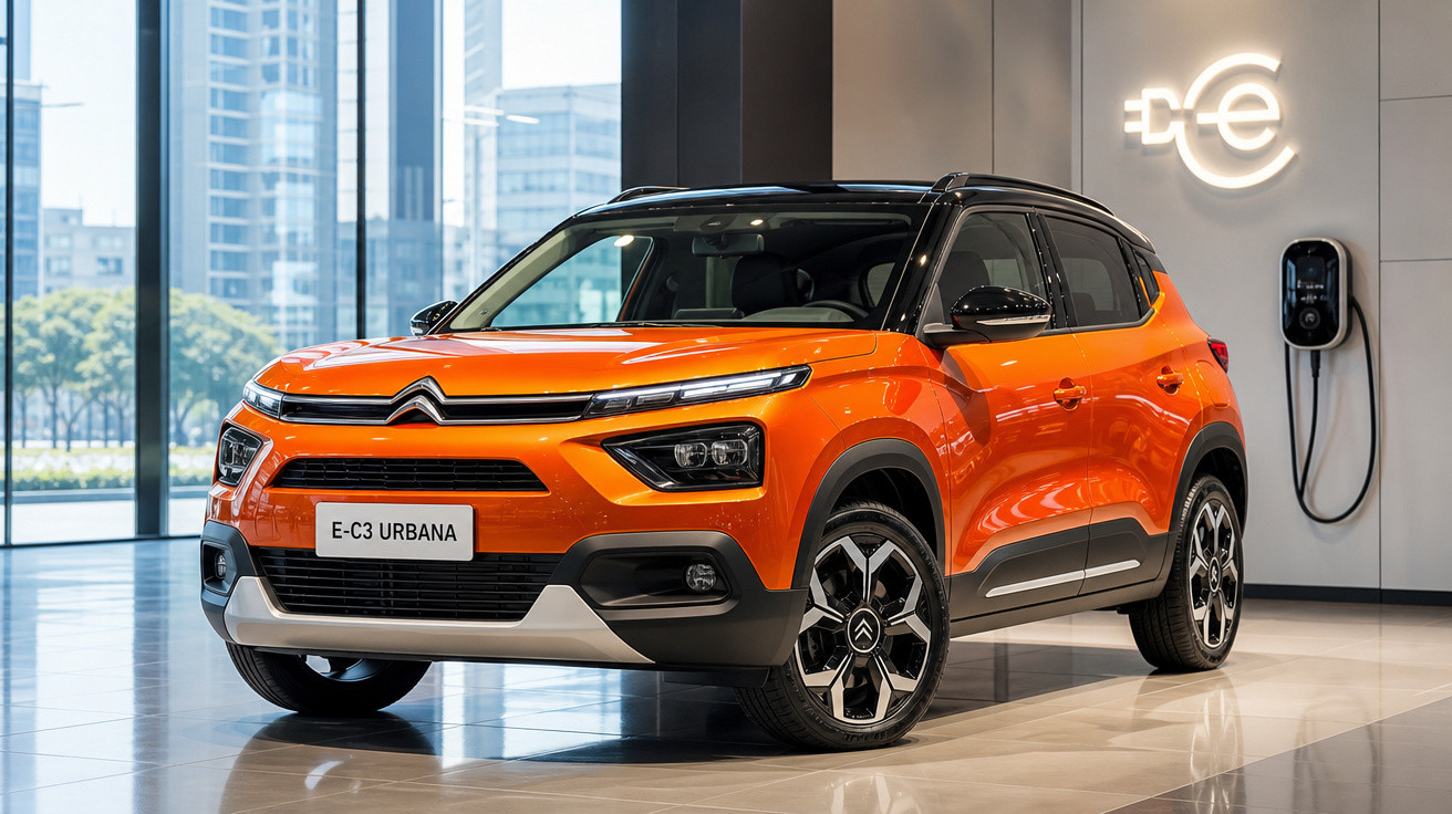 Carro elétrico Citroën E-C3 Urbana laranja em showroom moderno com carregador na parede.