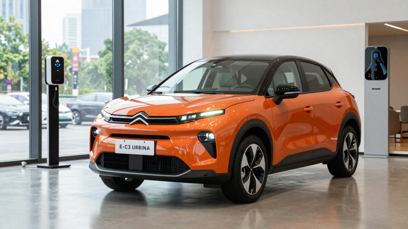 Carro elétrico Citroën E-C3 Urbina laranja exposto em lobby moderno com carregadores ao lado.