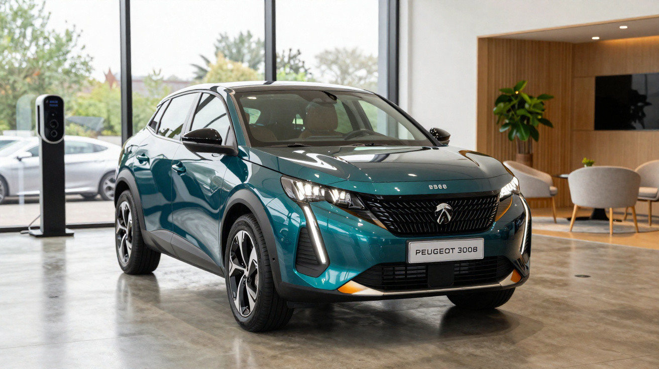 Carro Peugeot 3008 azul exposto em ambiente interno moderno com poltronas e carregador elétrico.