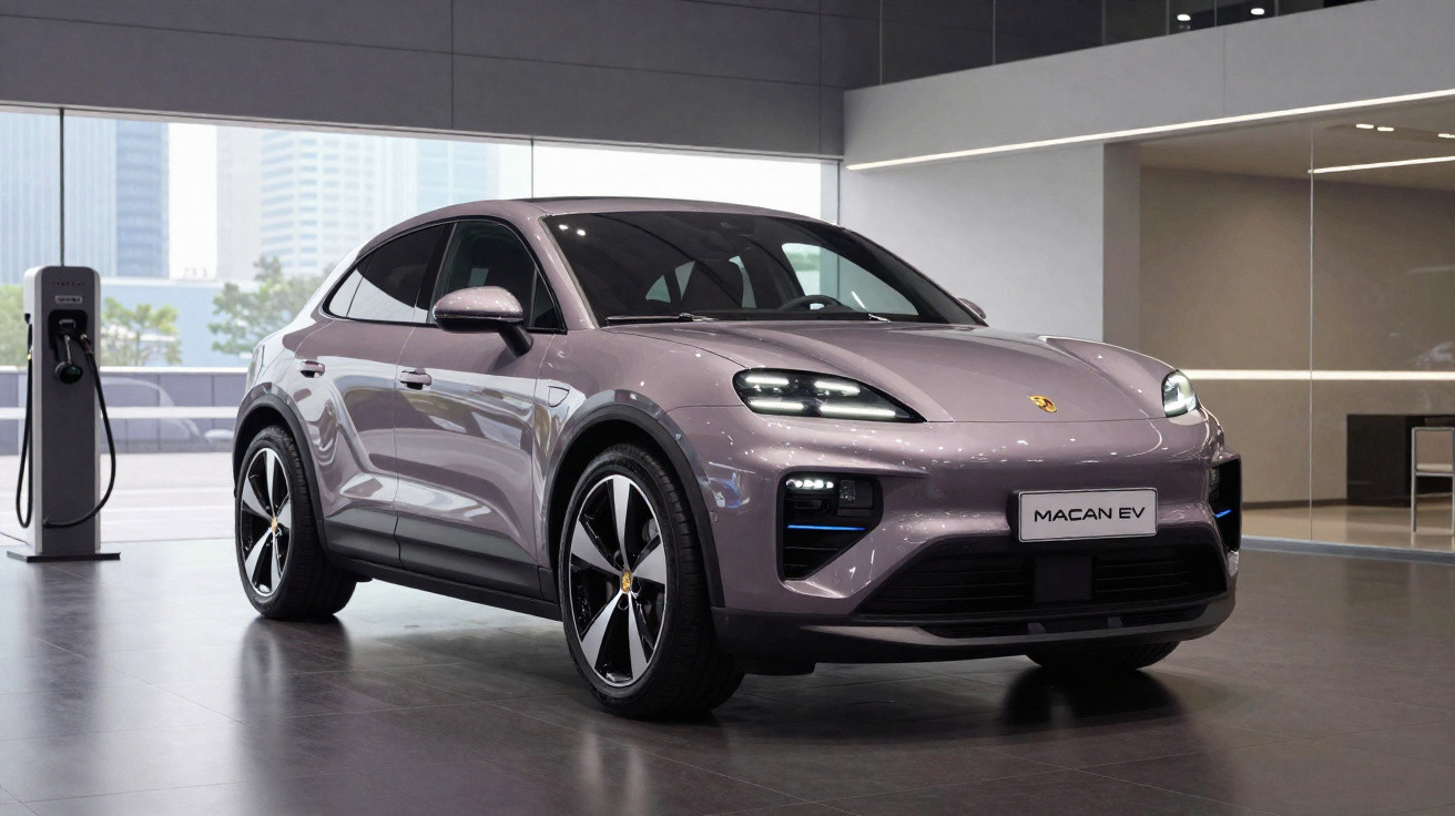 Carro elétrico Porsche Macan EV cinza estacionado em showroom moderno com estação de recarga ao lado.