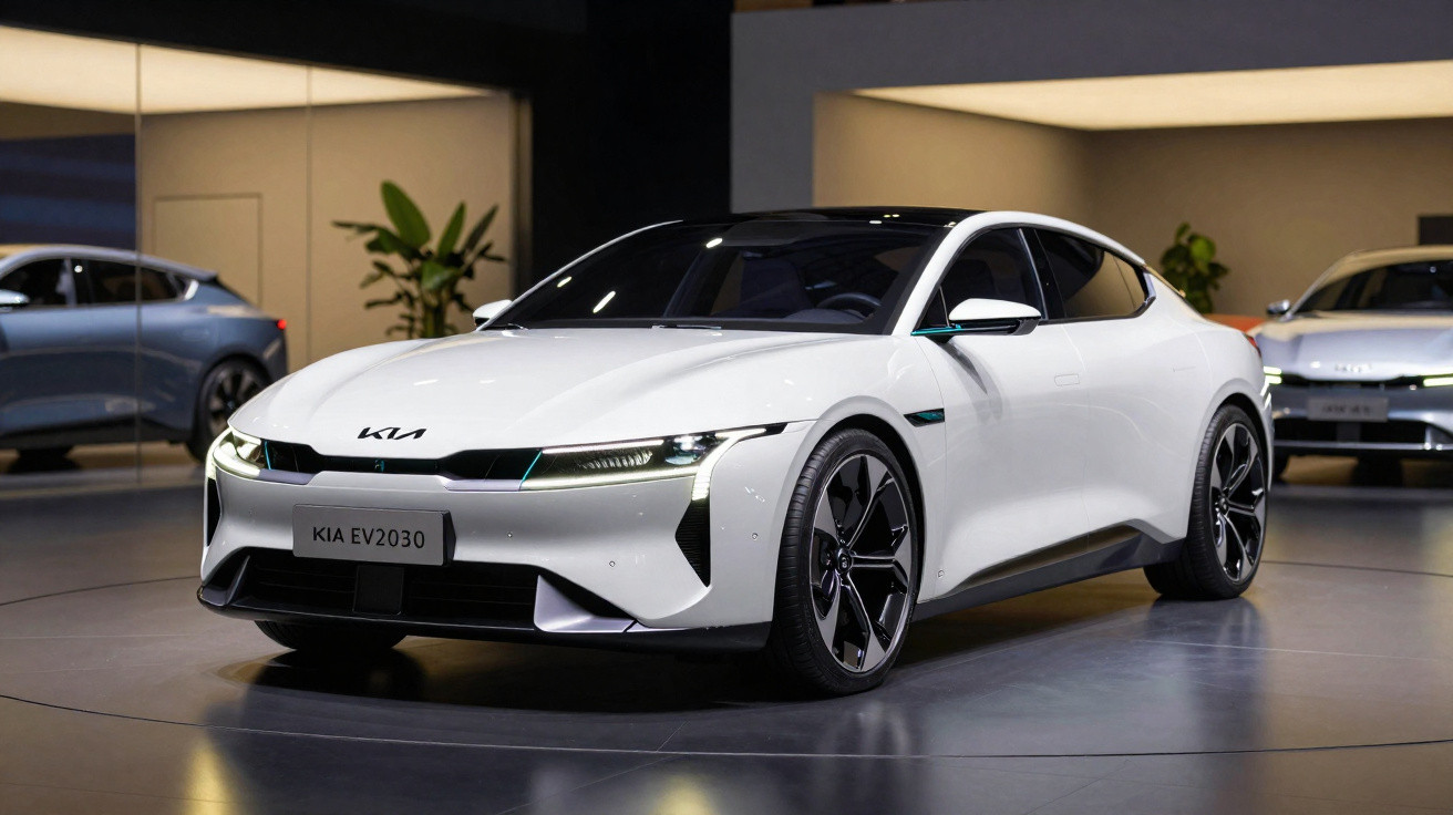 Carro elétrico branco Kia EV2030 exibido em salão de automóveis moderno e iluminado.