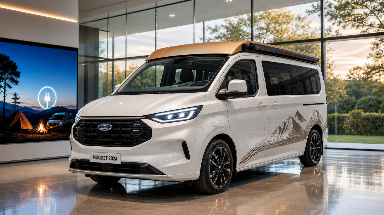Ford Nugget 2024 branco com adesivo de montanhas estacionado em showroom moderno com vidro amplo.