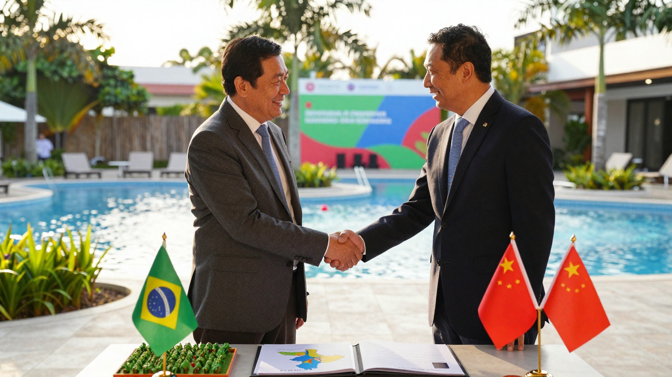 Dois homens em trajes formais apertando as mãos ao lado de bandeiras do Brasil e China, com piscina ao fundo.