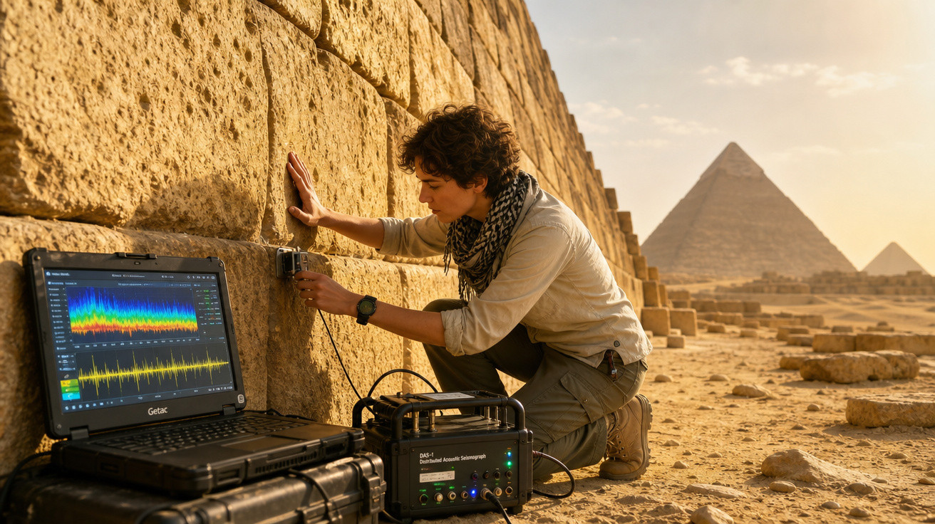Pesquisador usando equipamento para análise sísmica próximo a pirâmides no deserto do Egito ao pôr do sol.