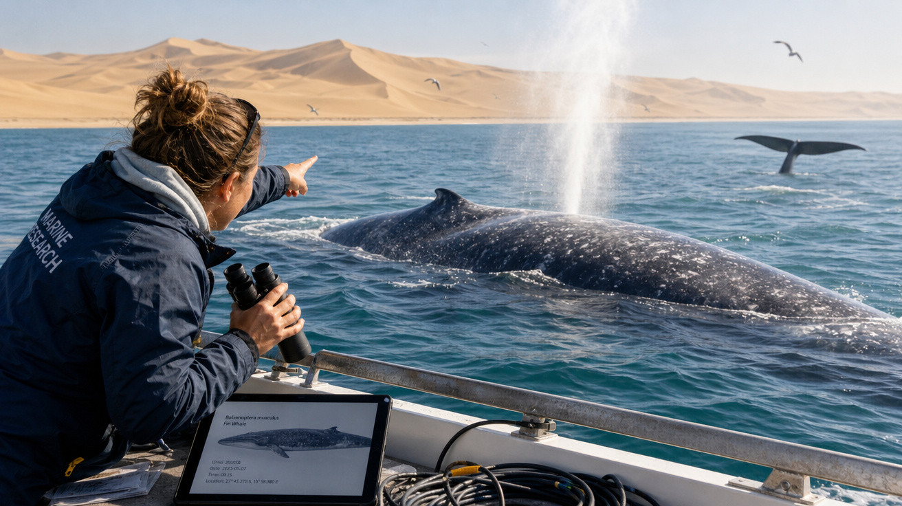 Mulher em barco observa e aponta para uma baleia-jubarte jorrando água no mar próximo a dunas.