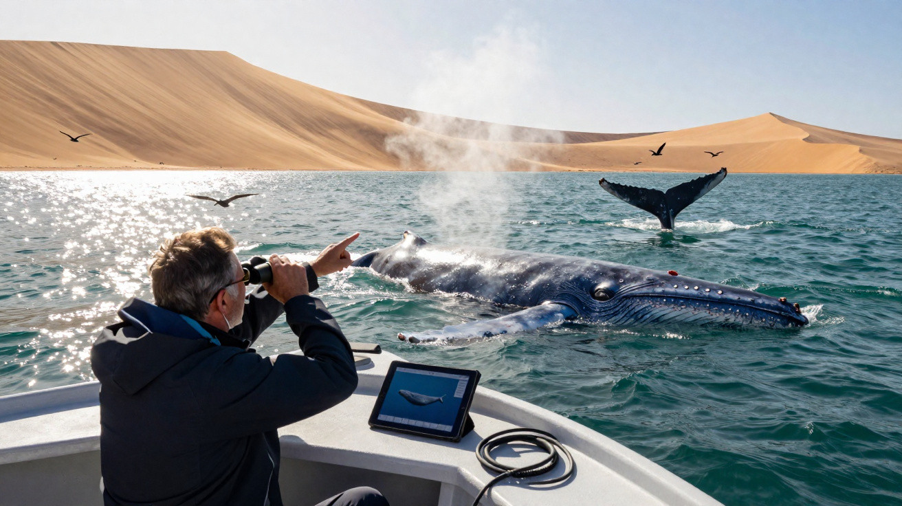 Homem observa com binóculo uma baleia azul perto de dunas em barco no mar calmo.
