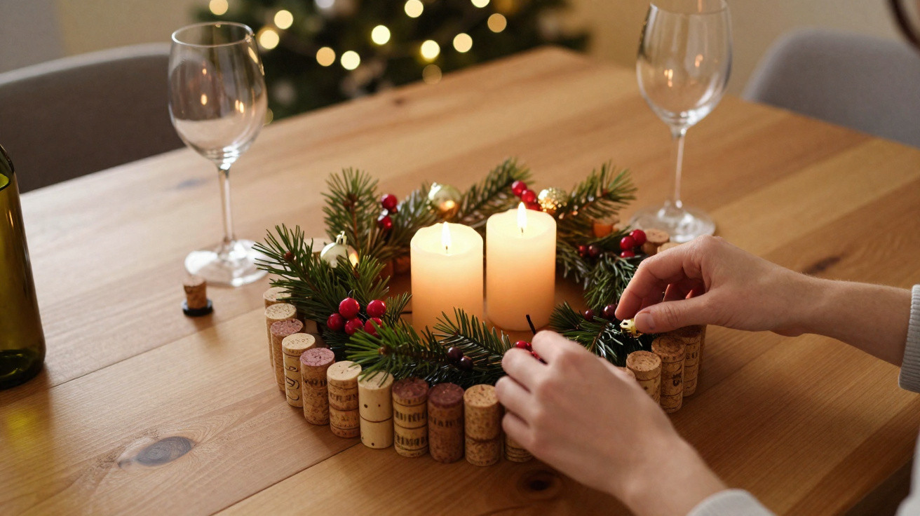 Mãos decorando guirlanda de Natal com velas acesas, pinhas, rolhas de vinho e frutas vermelhas sobre mesa de madeira.