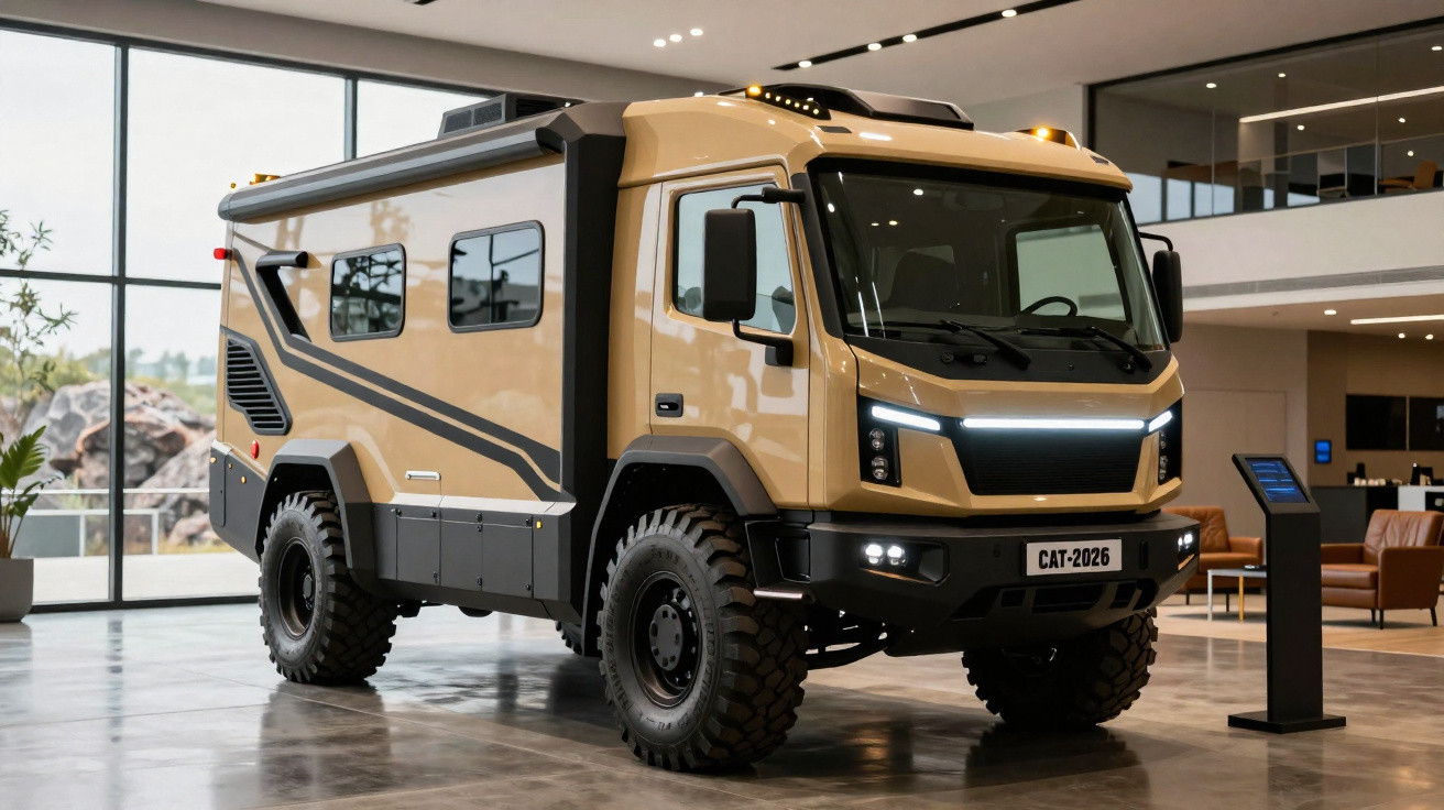 Motorhome off-road todo-terreno bege estacionado em ambiente interno moderno e iluminado.