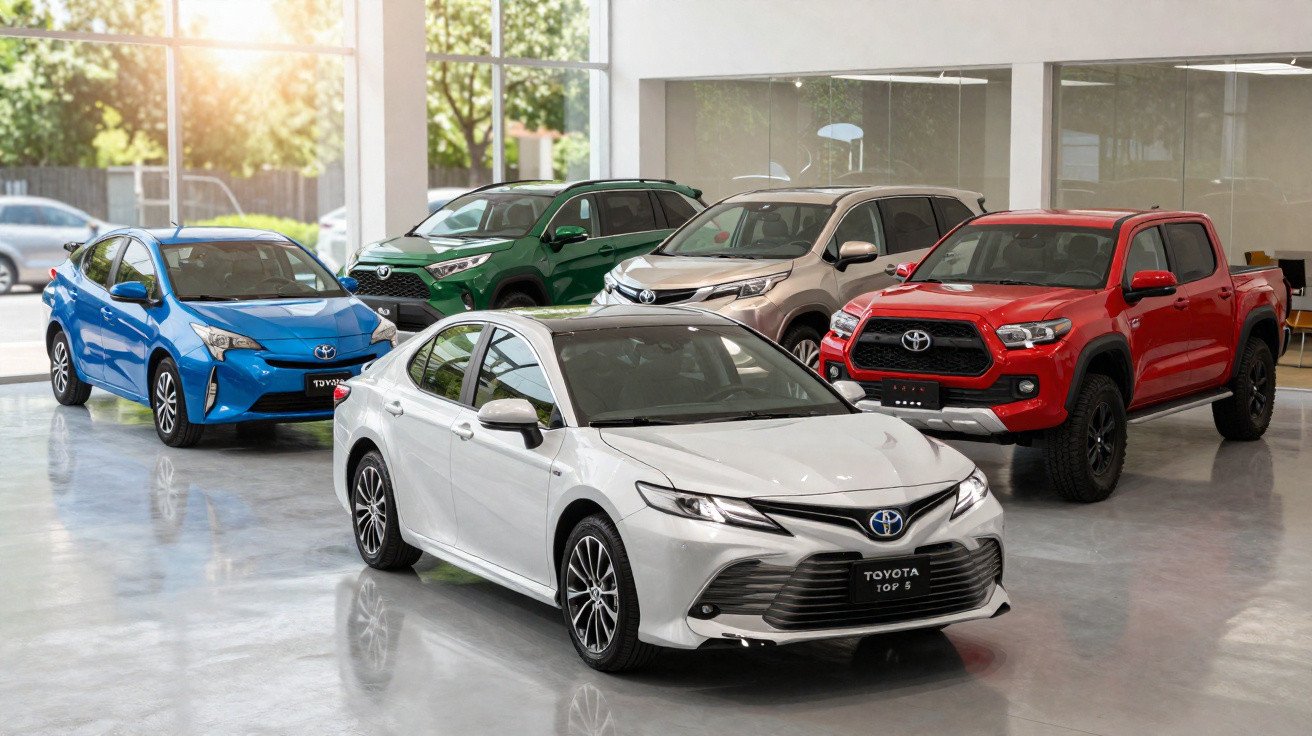 Showroom com cinco carros Toyota novos em cores variadas, incluindo branco, azul, verde, prata e vermelho.