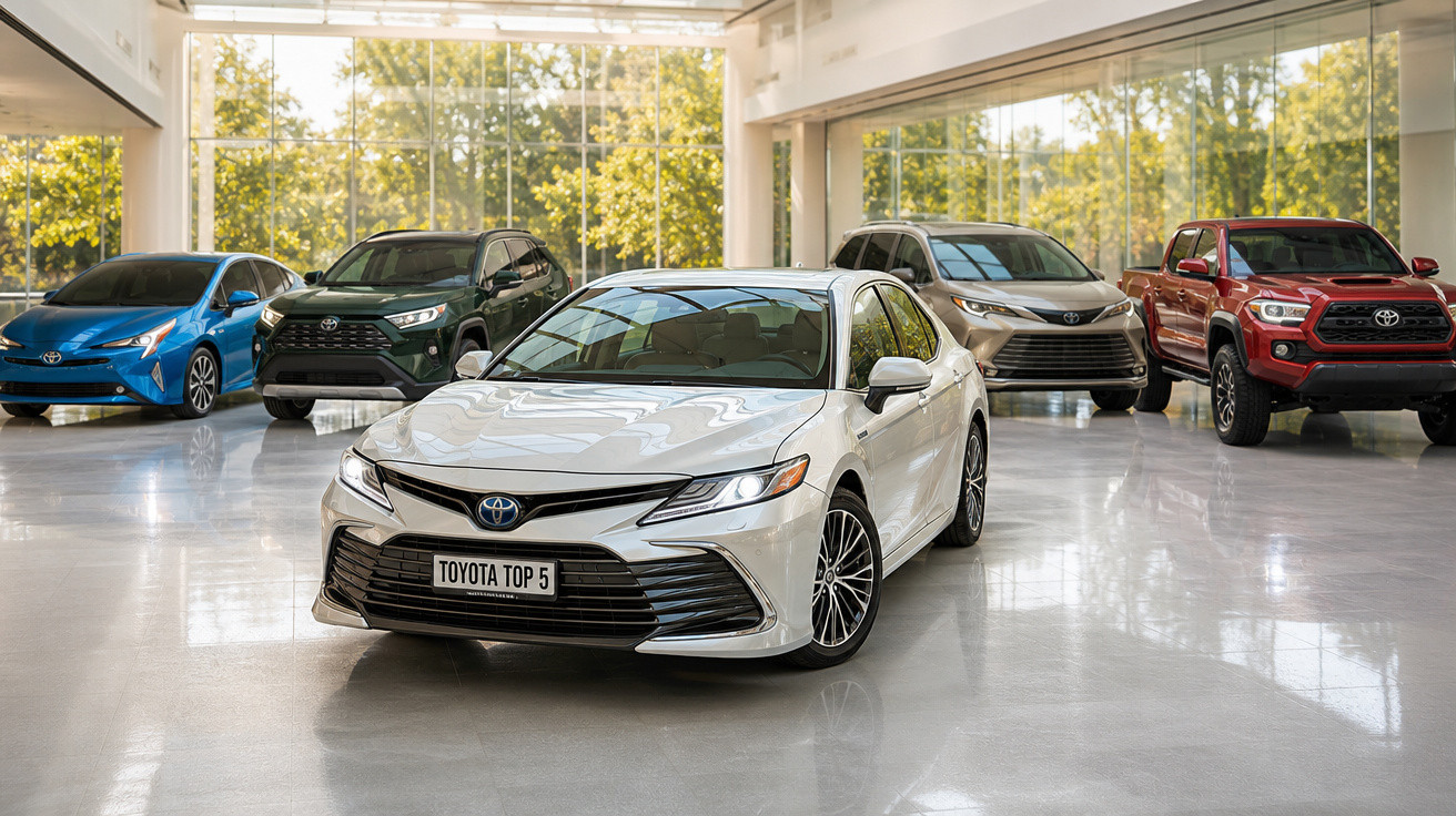 Série de cinco carros Toyota variados em exposição em showroom com piso cinza e janelas amplas.