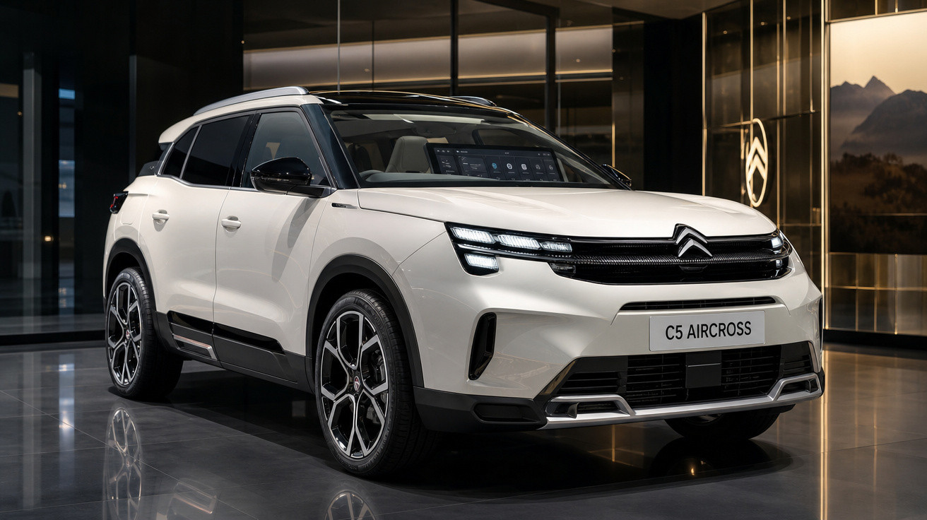 SUV branco Citroën C5 Aircross estacionado em ambiente interno moderno e iluminado.