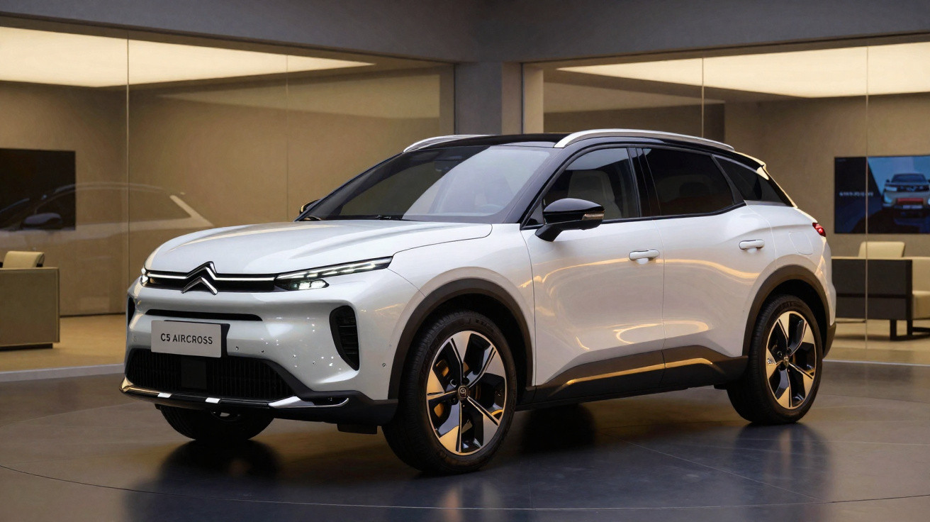SUV Citroën C5 Aircross branco estacionado em ambiente interno moderno e iluminado.