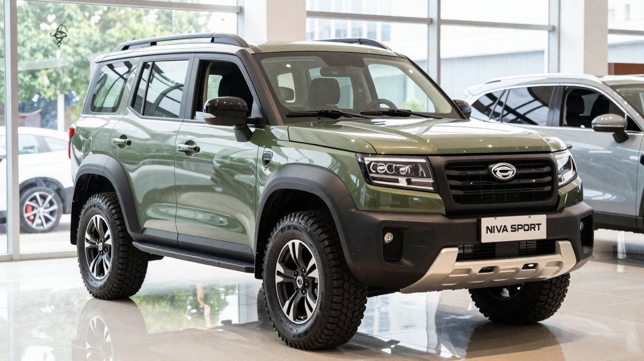 SUV verde Niva Sport estacionado em showroom com janelas amplas ao fundo.